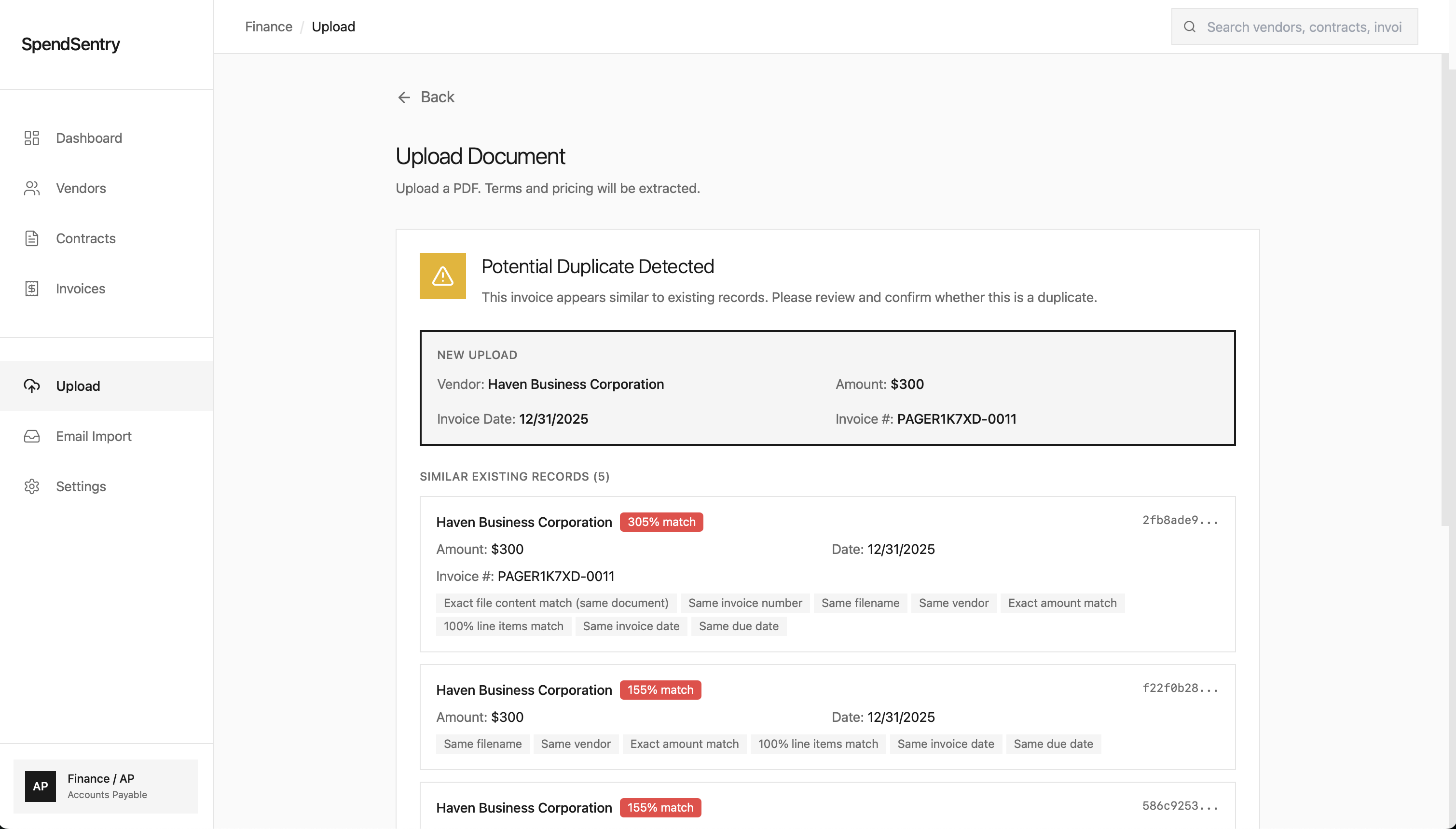 Duplicate invoice discrepancy detection view